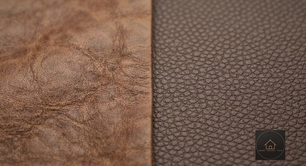 Genuine Leather vs PU Leather Furniture: What Lasts shows real leather's irregular pores next to PU's uniform pattern.