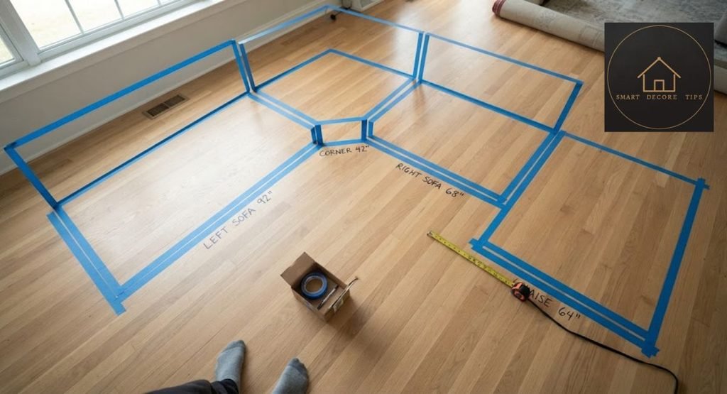 Painter's tape outline of a sectional footprint on a living room floor.