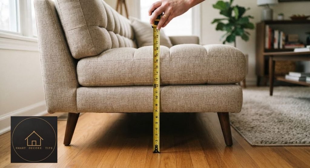 Segmented Cushion Couch Styling: 10 Rules That Work Tape measure showing the seat height of a segmented cushion couch.
