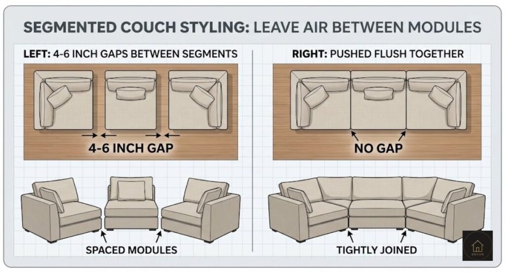 Segmented Cushion Couch Styling: 7 Layouts That Work segmented cushion couch styling layout with spaced modules