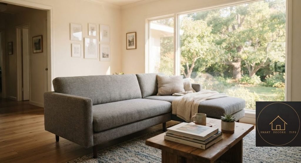 Small living room sectional with the chaise facing the window and the doorway kept clear.