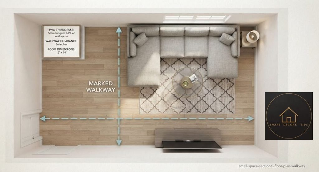 Floor plan of a small living room with an L-shaped sectional and a 36-inch walkway marked