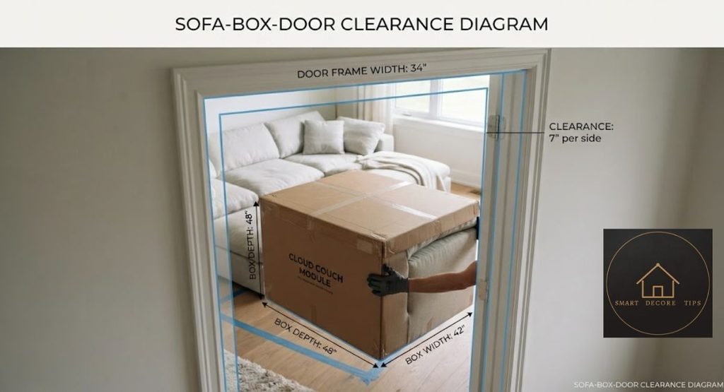 Diagram of a 15-inch sofa box turned on its narrow edge to pass a 30-inch door opening