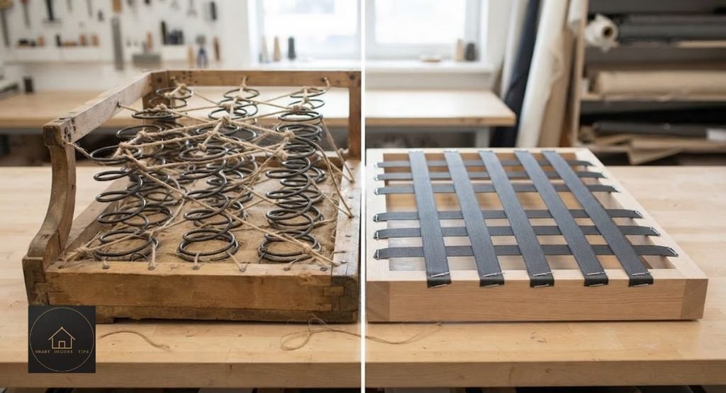Hand-tied springs beside a webbed base inside a custom sofa frame