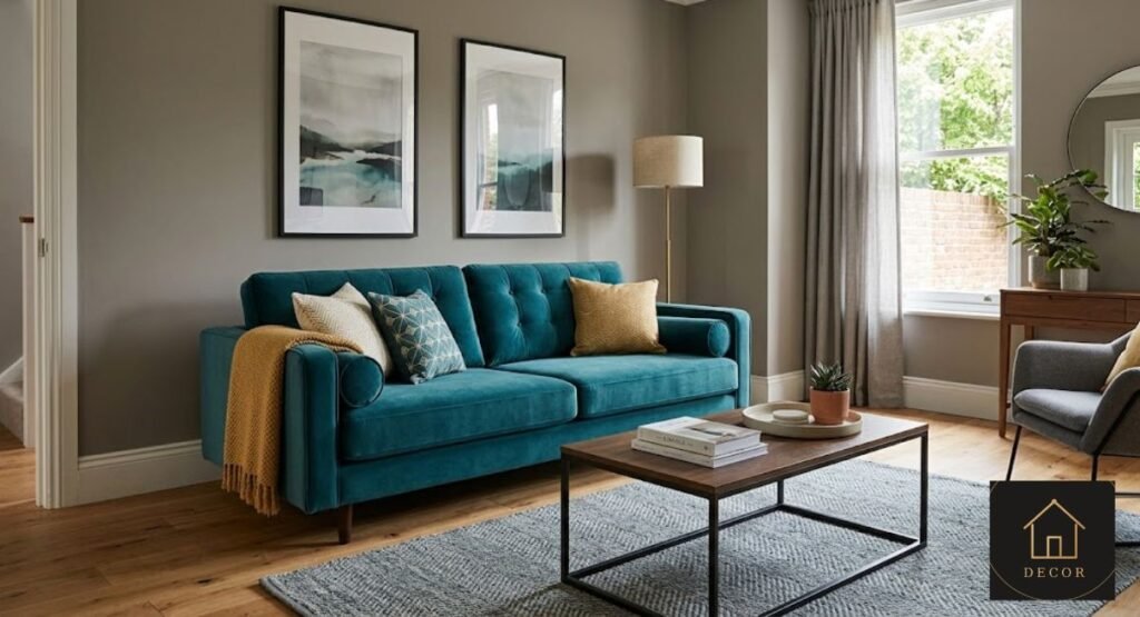 teal velvet sofa in modern living room with warm grey walls