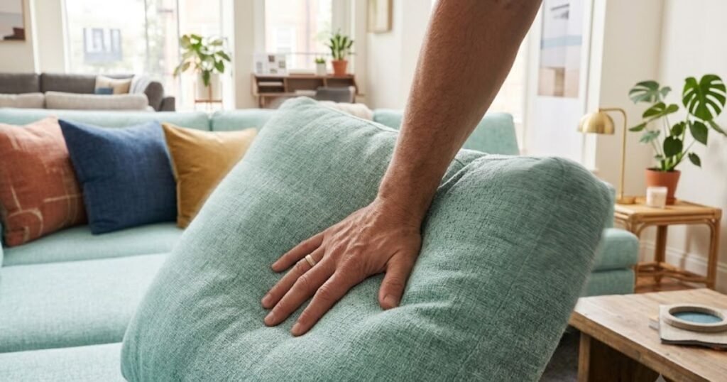 Foam Filled Sofa: How to Read the Density Tag Before You Buy testing foam density on a foam filled sofa cushion