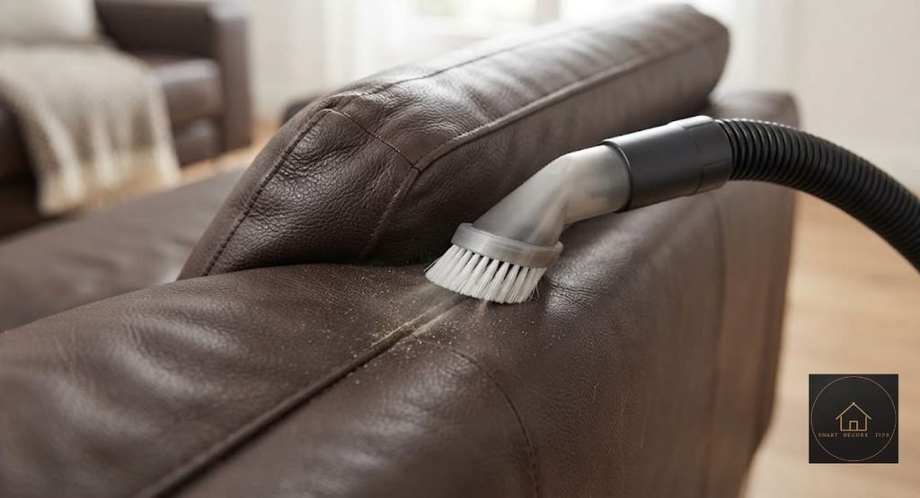 Leather Sofa Care Guide: A Schedule That Stops Cracking Soft brush vacuum attachment cleaning the seam of a leather sofa