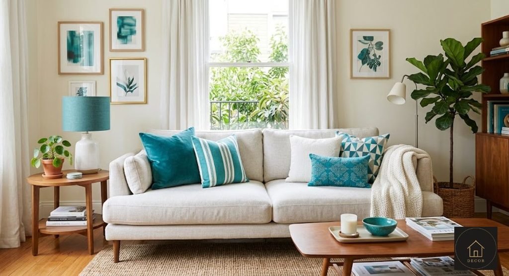Couch Color & Material Guide: How to Choose the Right Sofa white and teal sofa color combination in modern living room design