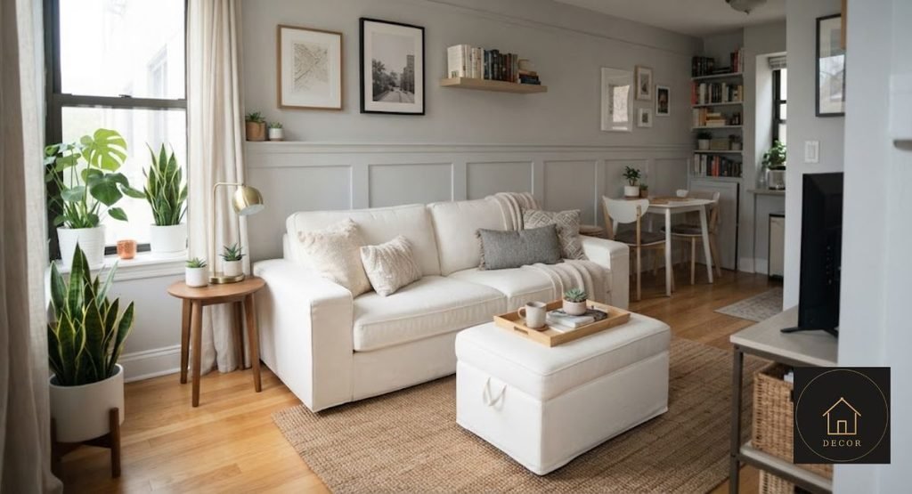 White Couch with Ottoman: Prices, Fabrics & Fit white couch and storage ottoman layout for a small apartment living room