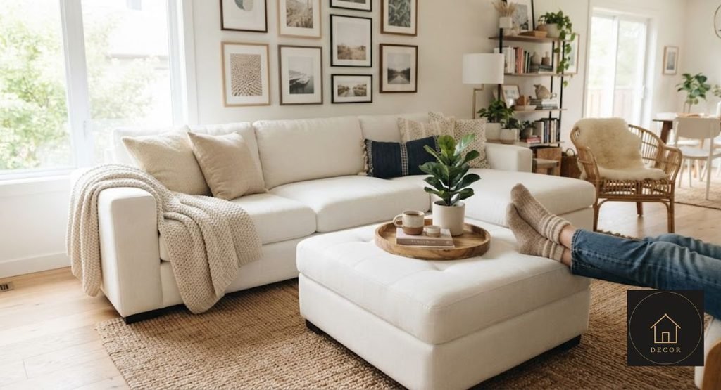 White Couch with Ottoman: Prices, Fabrics & Fit white couch with ottoman used as a footrest storage seat and tray table
