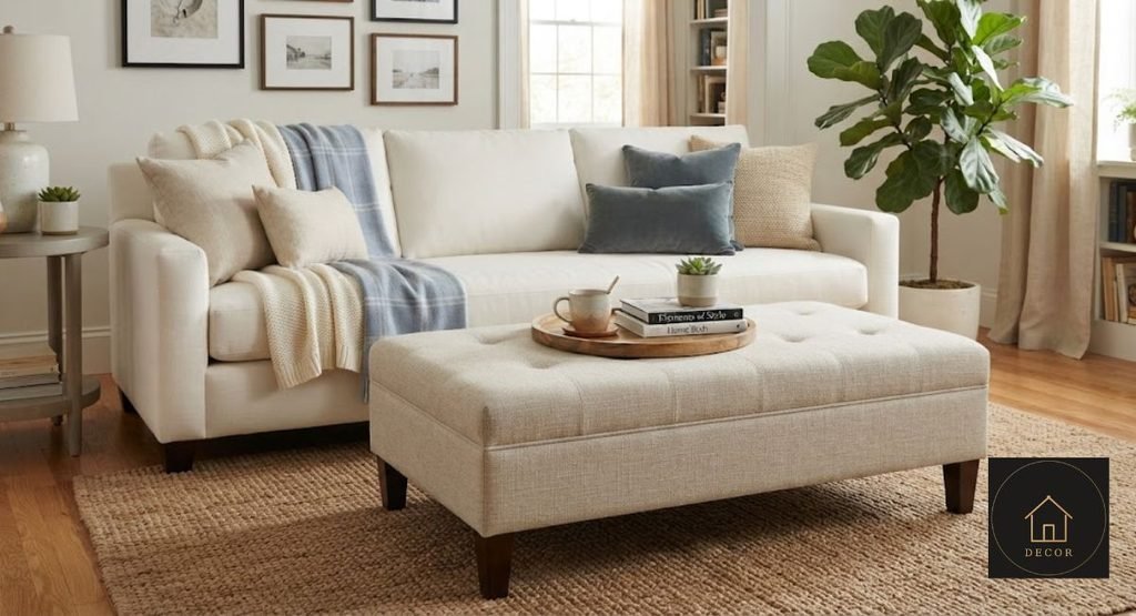 White Couch with Ottoman: Prices, Fabrics & Fit white sofa and ottoman size guide showing useful spacing and proportions