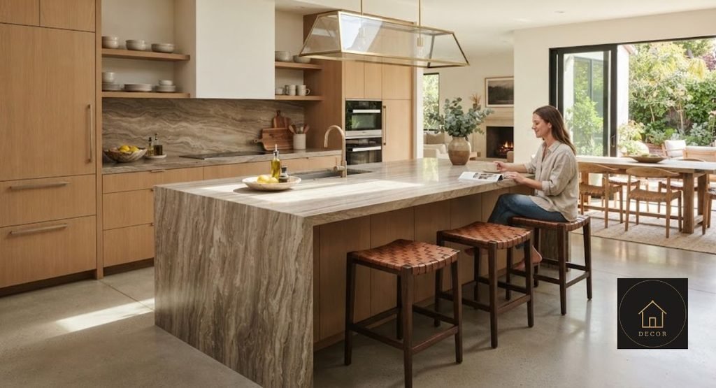2026 Kitchen Countertop Trends: 8 In, 3 On Their Way Out 2026 kitchen countertop trends: quartzite island with waterfall edge