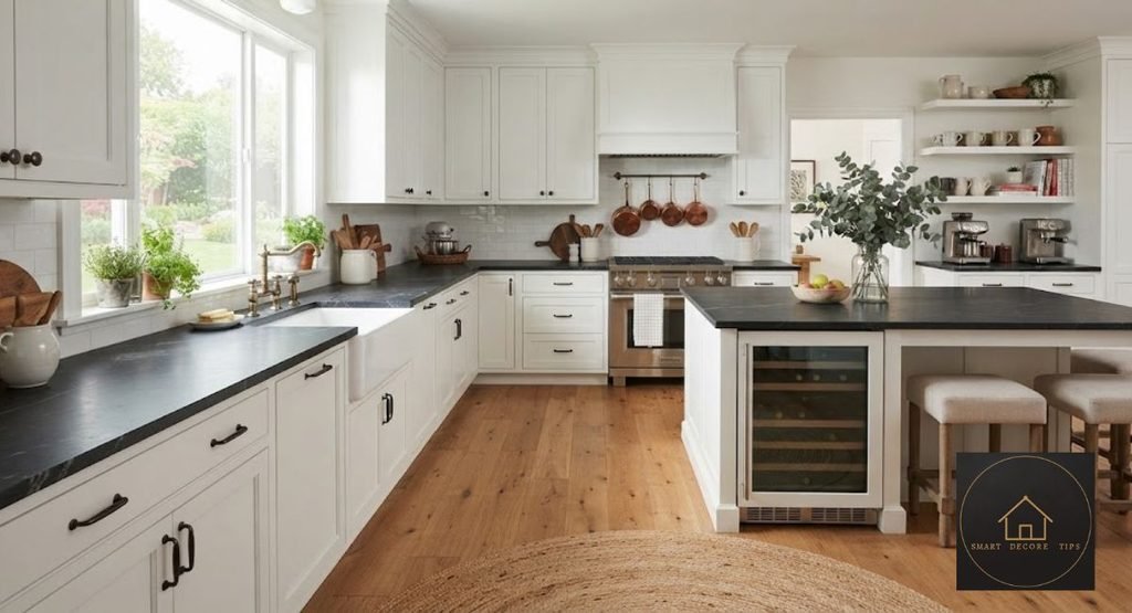 Black soapstone countertop, a designer-favorite color, against white kitchen cabinets
