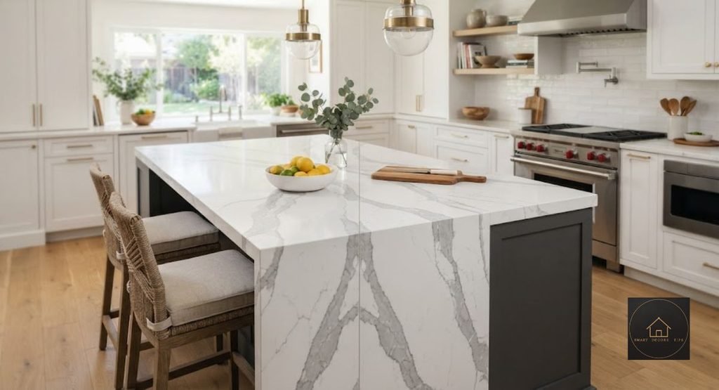 Carrara Marble Look Quartz: Brands, Prices, Spotting Fakes bookmatched carrara quartz island