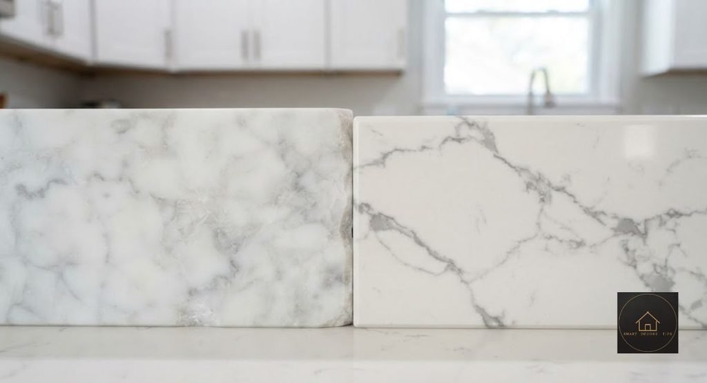 Carrara Marble Look Quartz: Brands, Prices, Spotting Fakes carrara marble look quartz compared to natural Carrara marble slab