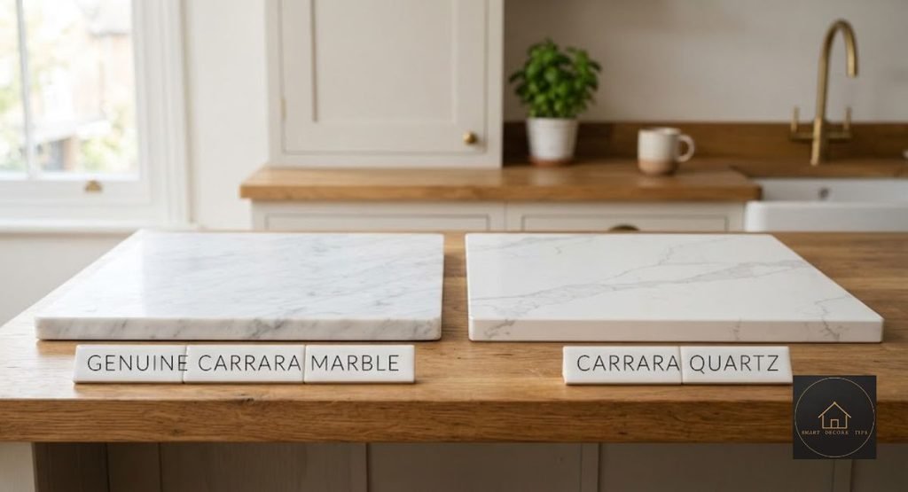 real Carrara marble compared to countertops that look like Carrara marble