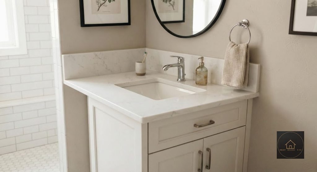 Carrara Marble Look Quartz: Brands, Prices, Spotting Fakes carrara quartz bathroom vanity backsplash