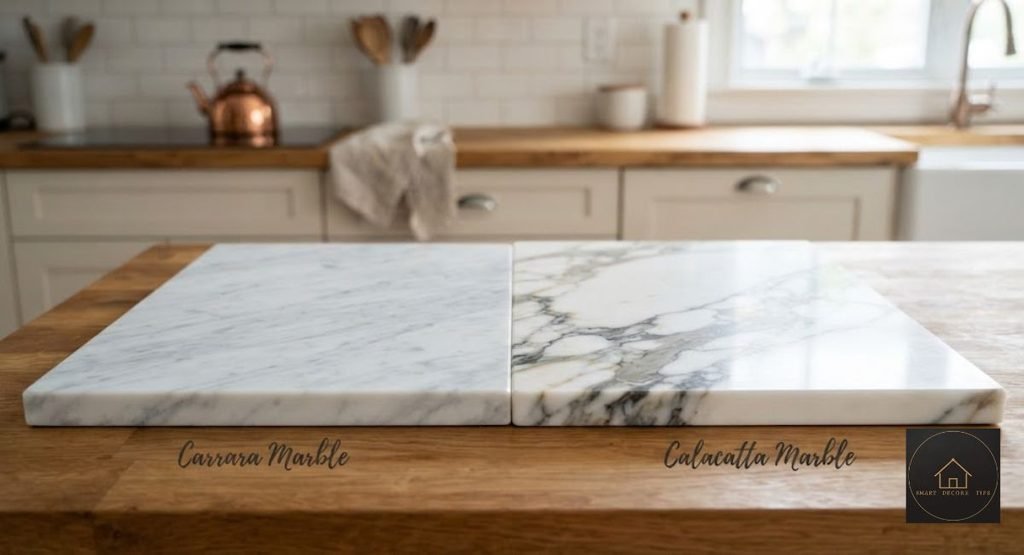 White Marble Kitchen: Real Costs, Stains & Etching (2026) carrara and calacatta white marble kitchen countertop samples compared