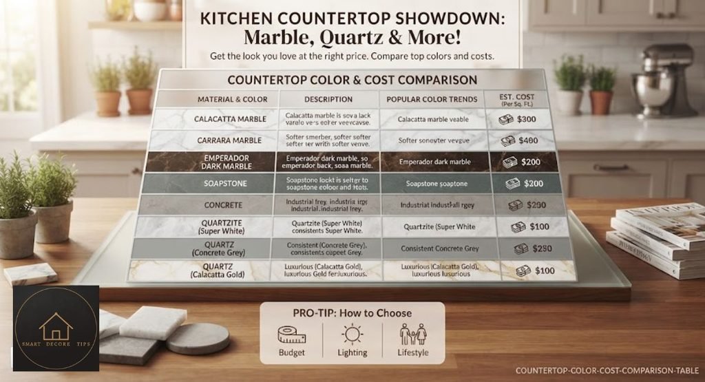 Comparison table of designer-favorite countertop colors, styles, and installed cost ranges