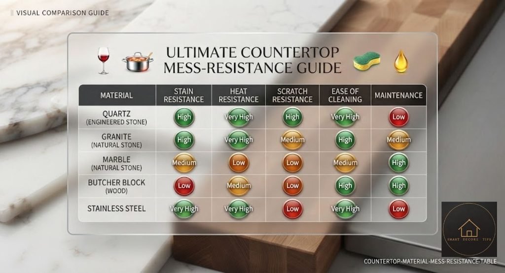 countertop material comparison for mess resistance