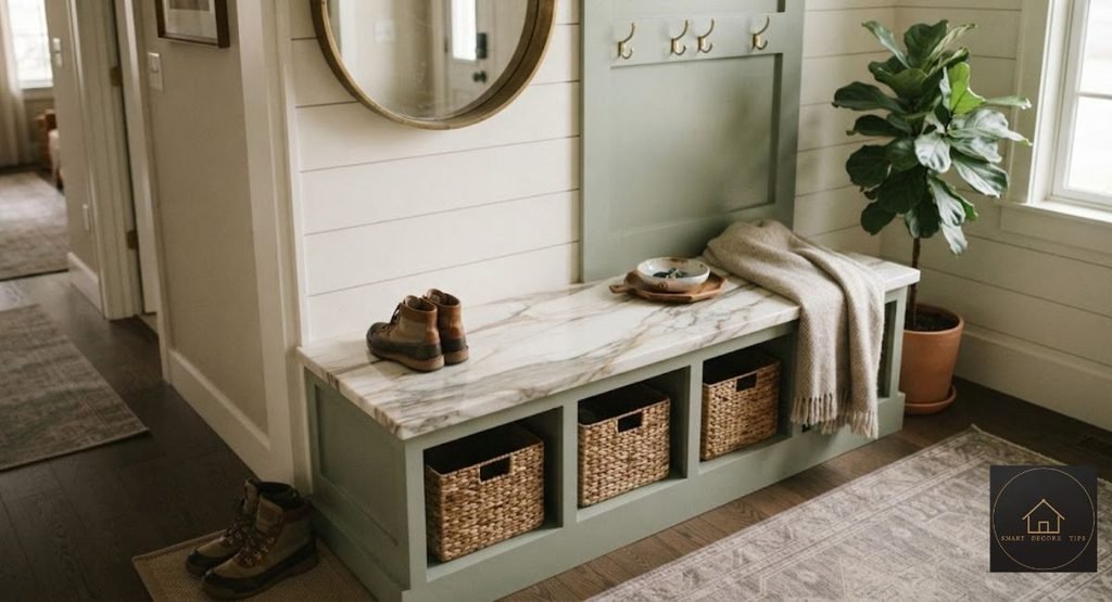 Countertop Pieces: Real Prices, Sizes & When Remnants Aren't Worth It (2026) Mudroom bench with a stone countertop piece top used as a durable seat surface
