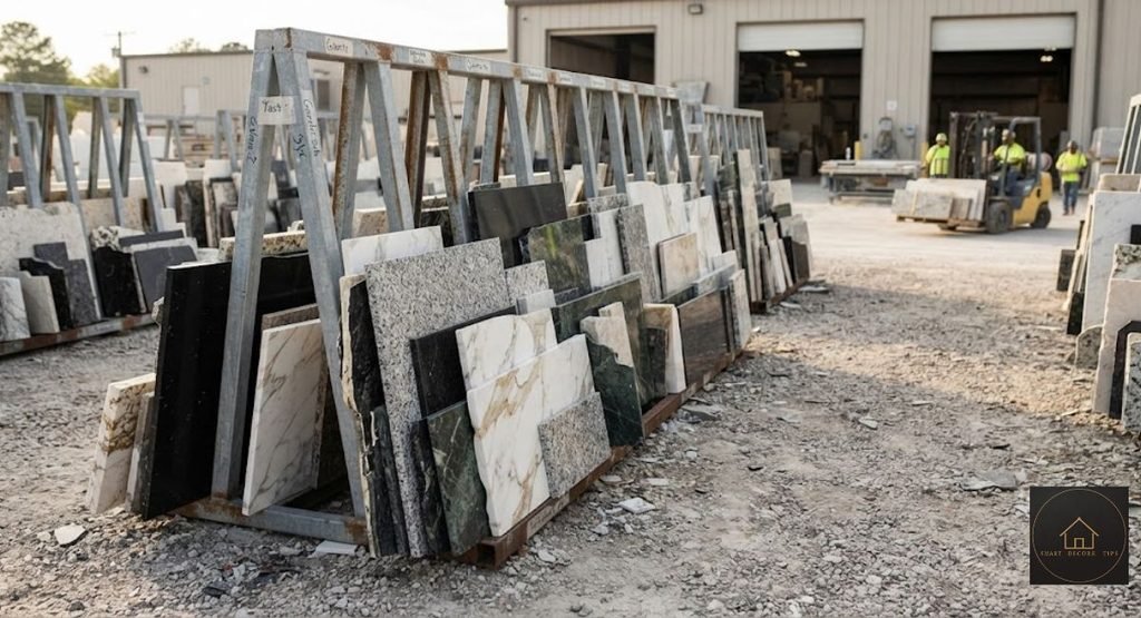 Countertop Pieces: Real Prices, Sizes & When Remnants Aren't Worth It (2026) Stacked countertop pieces (remnant slabs) at a fabrication shop, showing granite, quartz, and marble options