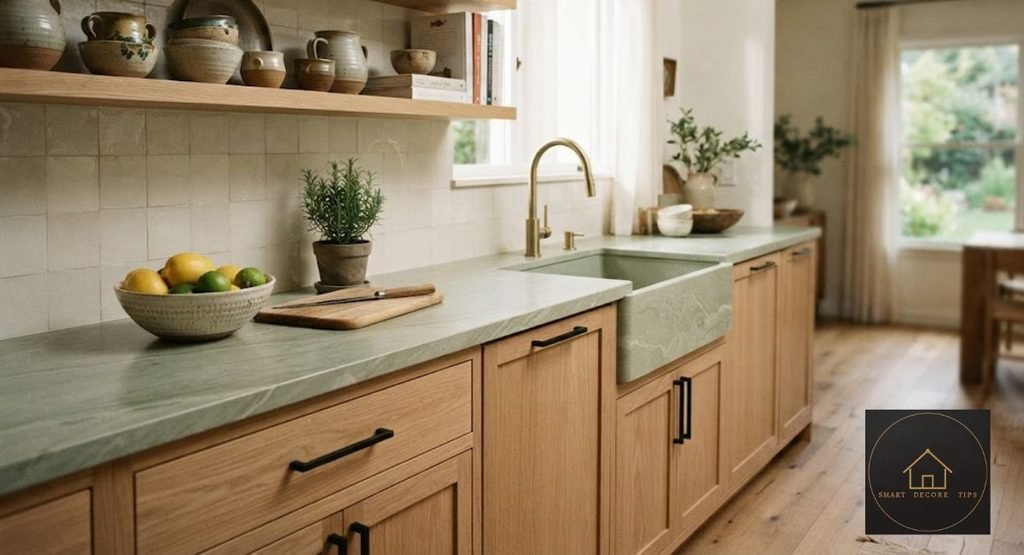 Earthy green quartz countertop paired with white oak cabinets