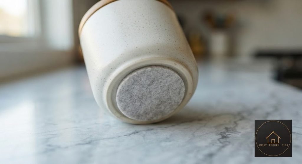 Felt pad under a canister used as decorative kitchen countertop storage on a stone counter