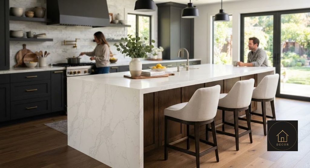 Future countertop trends: quartz waterfall island in a modern kitchen