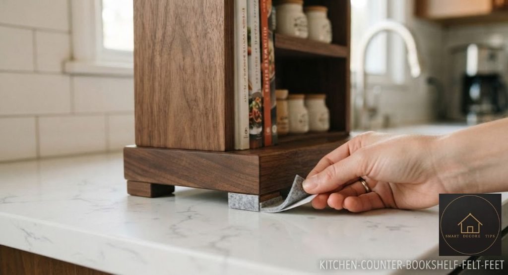 Felt feet on a kitchen counter bookshelf base to protect a stone countertop