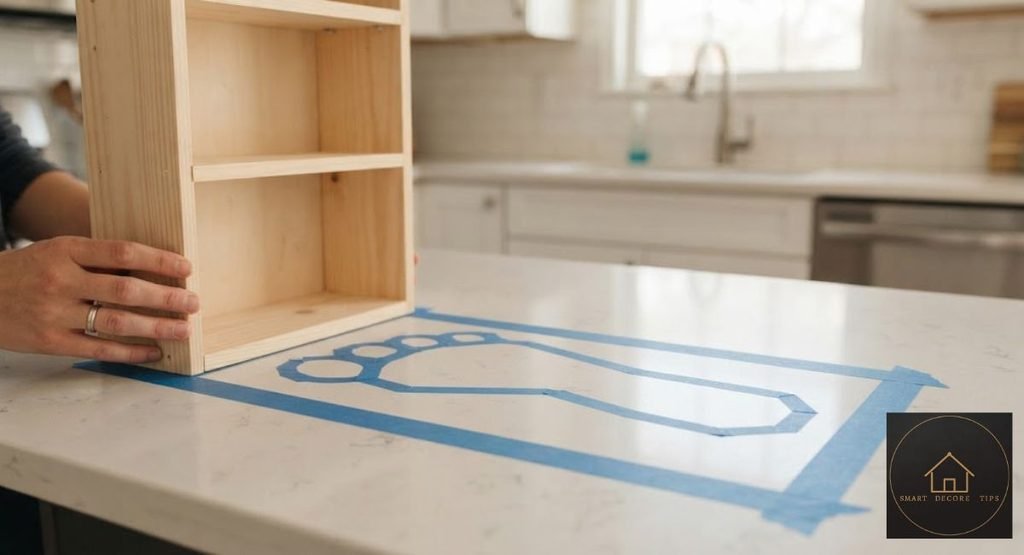 Painter's tape marking a kitchen counter bookshelf footprint on a countertop