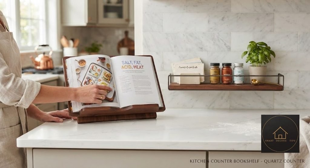 Kitchen counter bookshelf with a wooden cookbook stand on a white quartz countertop