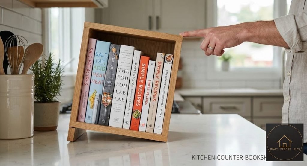 Finger pressing the corner of a loaded kitchen counter bookshelf during a tip test