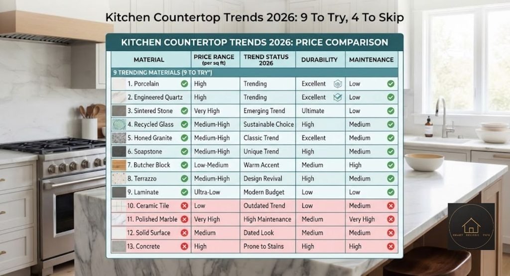 Kitchen Countertop Trends 2026: 9 To Try, 4 To Skip kitchen countertop trends 2026 price comparison table by material