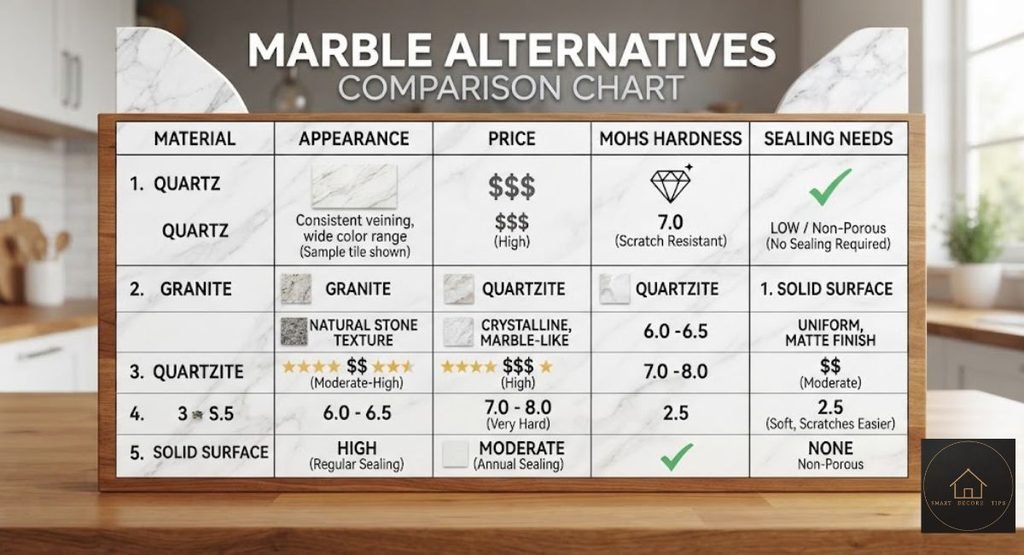 Marble Alternatives That Hold Up in Real Kitchens (2026) Marble alternatives comparison chart showing price, Mohs hardness, and sealing needs