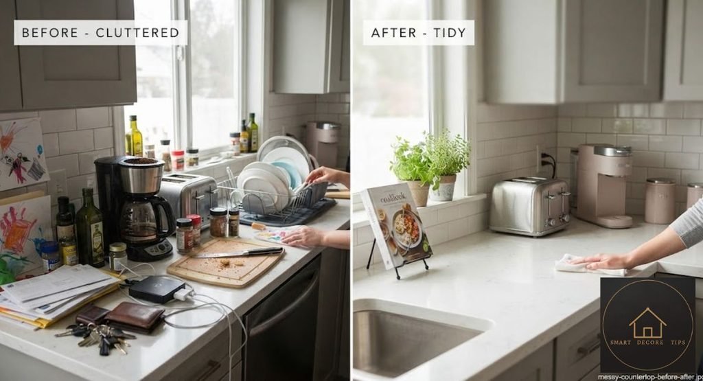 messy countertop before and after decluttering