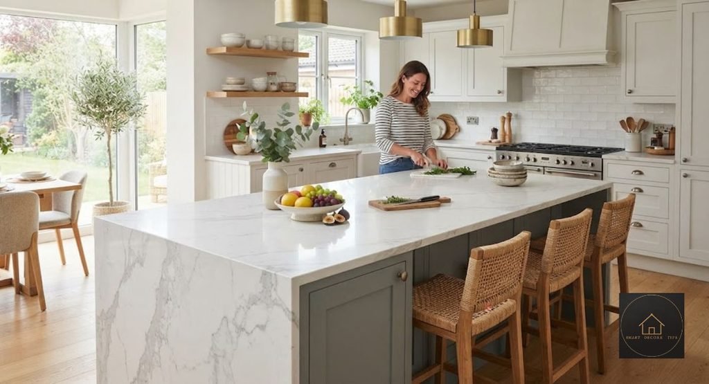 porcelain countertop that looks like Carrara marble in kitchen island