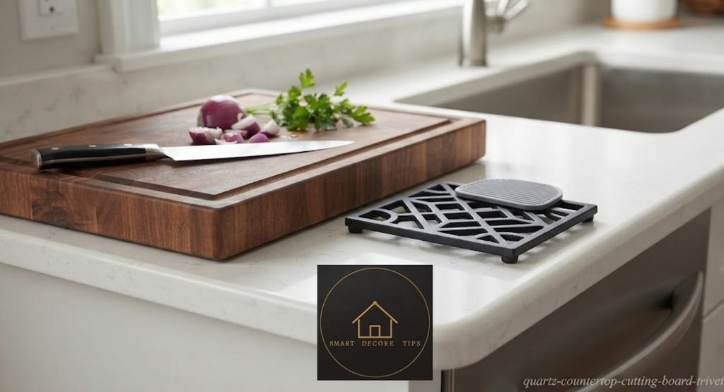 Kitchen Countertop Accessories: What Actually Protects Your Counters (2026) cutting board and trivet protecting a quartz countertop