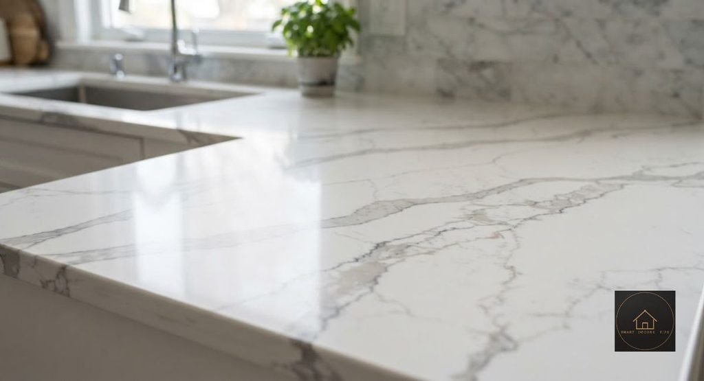 quartz countertop that looks like Carrara marble with gray veining