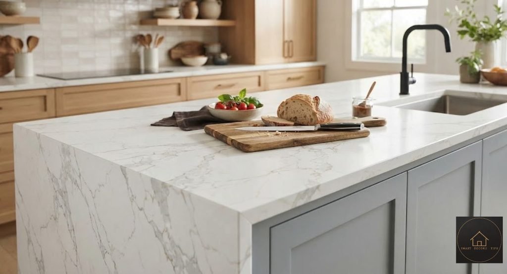 Marble Alternatives That Hold Up in Real Kitchens (2026) White quartz countertop with marble-look veining in a kitchen island