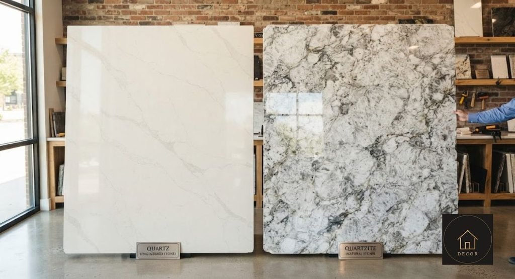 Quartz vs Quartzite: The $1,200 Kitchen Question quartz vs quartzite countertop slabs side by side