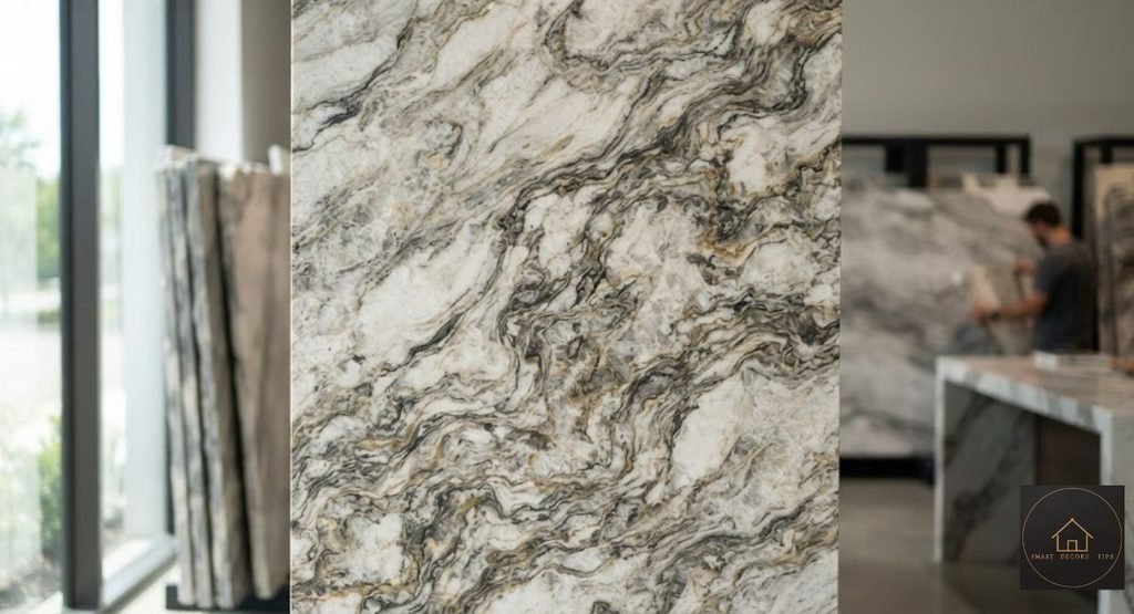 Marble Alternatives That Hold Up in Real Kitchens (2026) Close-up of natural quartzite slab veining as a marble alternative