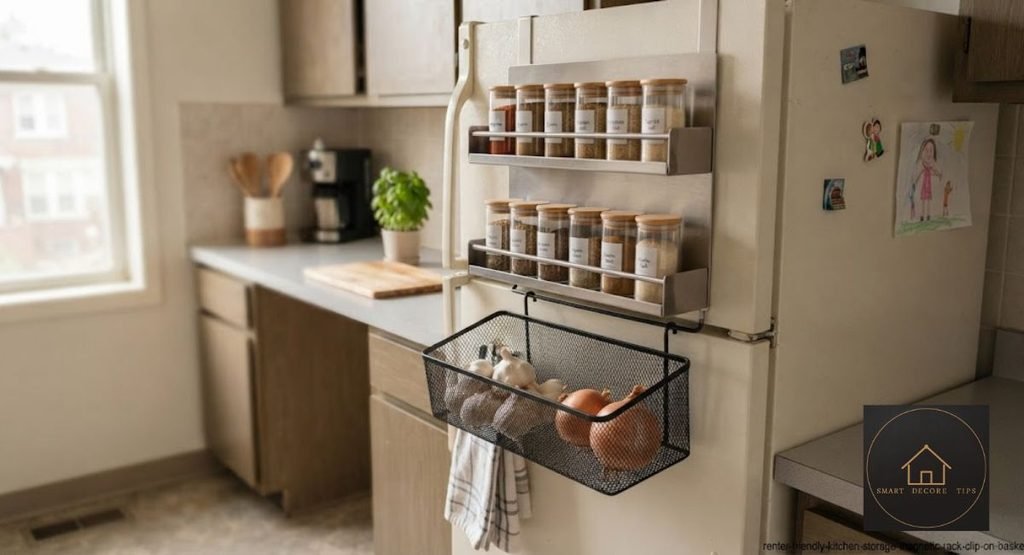 Renter-friendly magnetic rack and clip-on basket that need no drilling