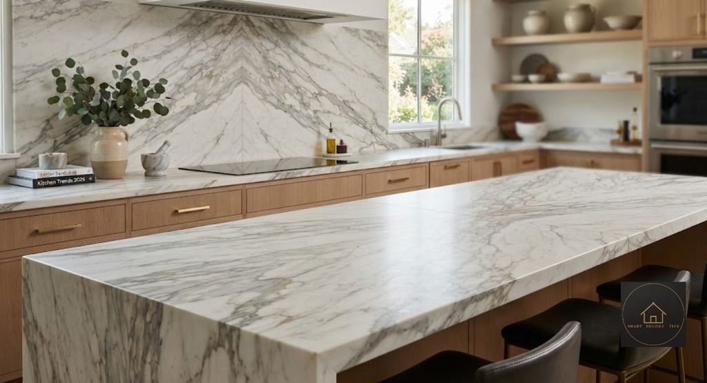 Kitchen Countertop Trends 2026: 9 To Try, 4 To Skip slip-matched marble kitchen countertop trend