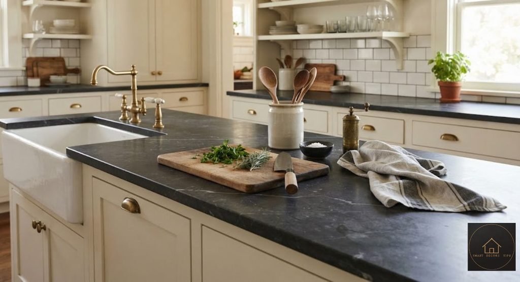 Marble Alternatives That Hold Up in Real Kitchens (2026) Dark soapstone kitchen countertop as a marble alternative