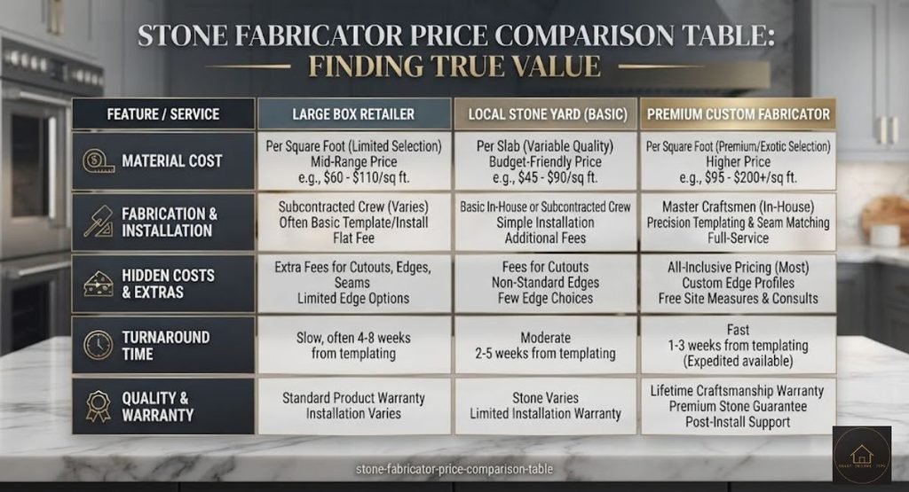 Local vs. National Stone Fabricator: Real Price, Wait Time & Warranty Differences local vs national stone fabricator price per square foot table