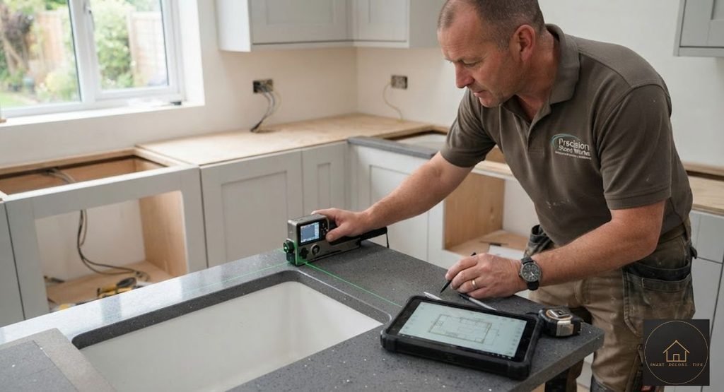 Local vs. National Stone Fabricator: Real Price, Wait Time & Warranty Differences local stone fabricator templating a kitchen countertop