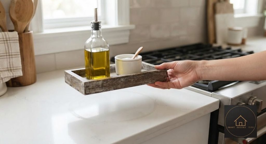 Tray with oil and salt lifted to wipe the kitchen counter underneath