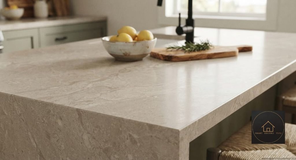 What Countertops Are in Style in 2026? warm greige quartz countertop trending in 2026