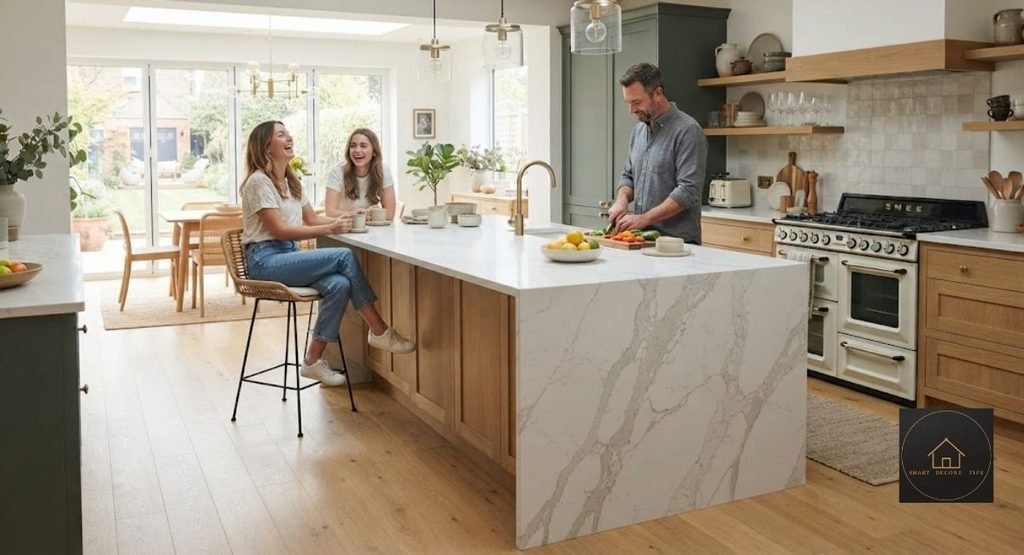Kitchen Countertop Trends 2026: 9 To Try, 4 To Skip waterfall edge kitchen countertop trend 2026